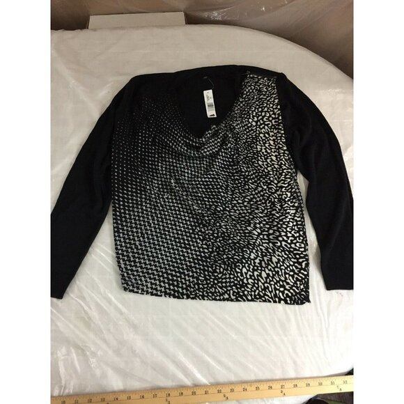 New Directions Sweater PM Drape Neck Black White Mixed Print Shoulder Zip Goth - Picture 5 of 12